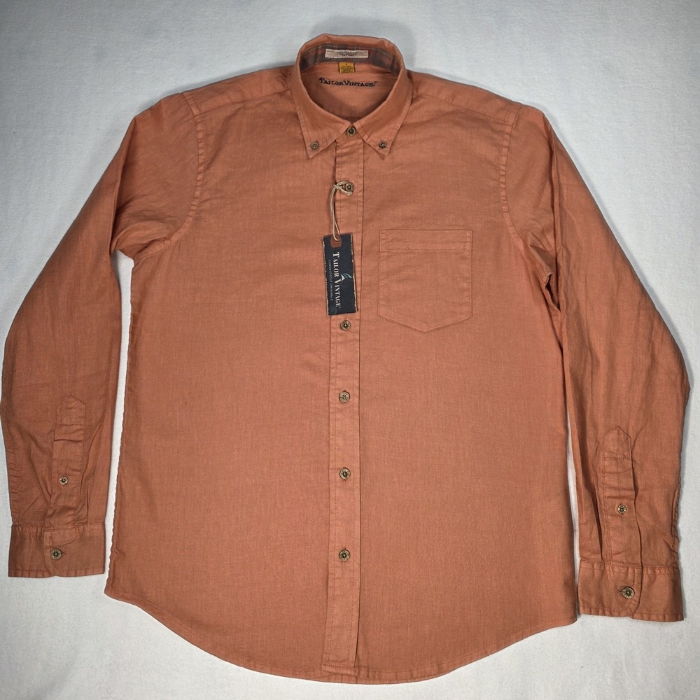 Tailor‎ Vintage Shirt Men's Small Coral Linen Cotton Blend Lightweight Button Up